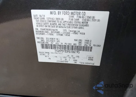 2015 Ford Taurus Limited z USA, uszkodzony, nr VIN 1FAHP2F83FG106195